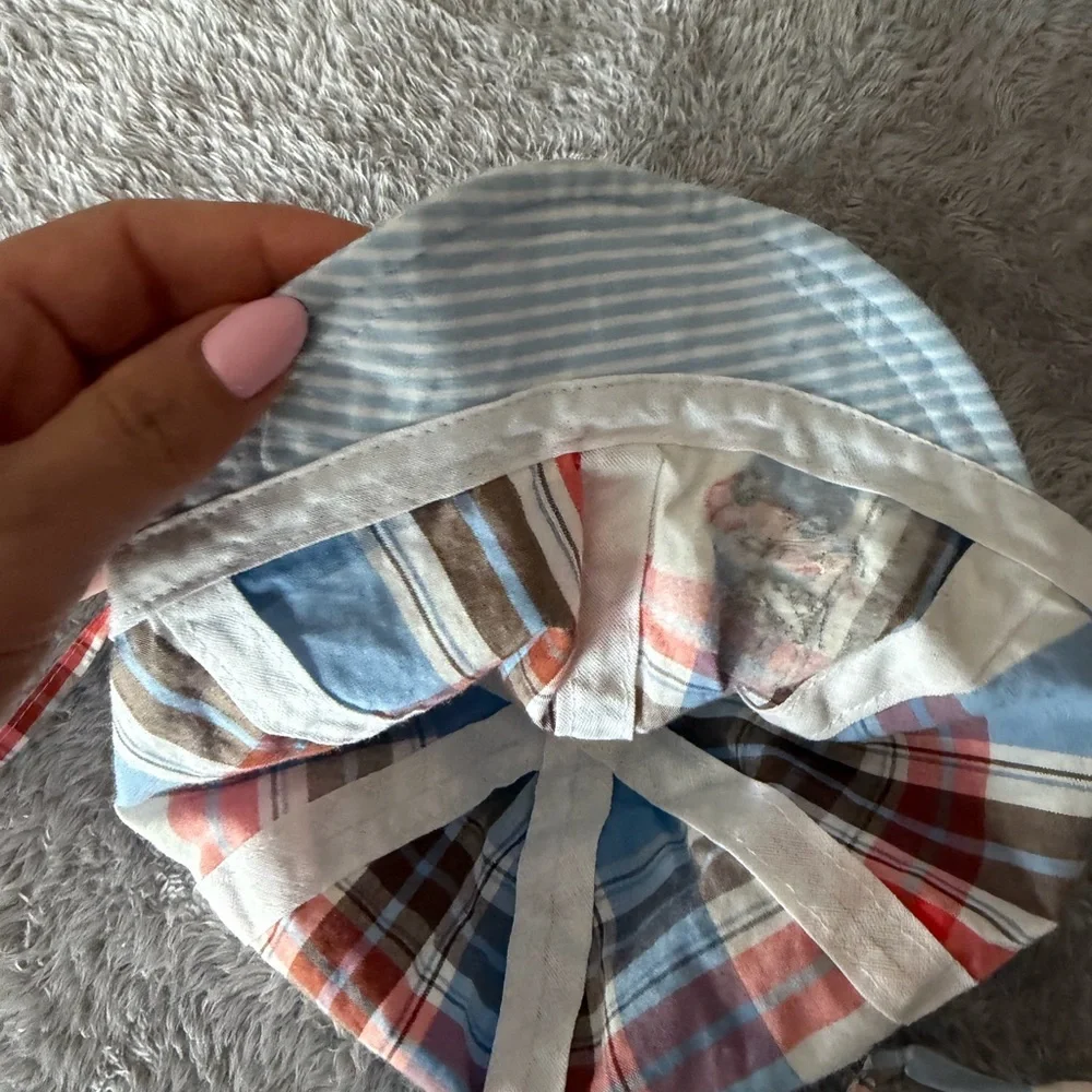 Kids Plaid Sun Hat with Chin Strap - Blue Multi new